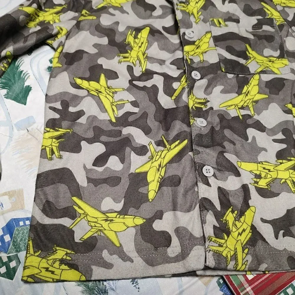 New Joe Boxer Flannel Gray Camo Jets Pajama Set Boy's M 8